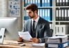 Insurance clerk processing documents in an office.