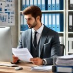 Insurance clerk processing documents in an office.