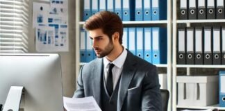 Insurance clerk processing documents in an office.