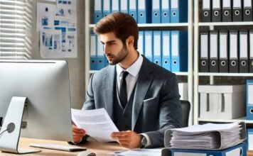 Insurance clerk processing documents in an office.