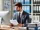 Insurance clerk processing documents in an office.